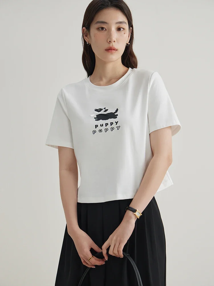 DUSHU Office Lady Bow Dog Short Sleeve T-shirt 2024 Summer New Refreshing Print White Casual Loose Women T-shirt 24DS82691