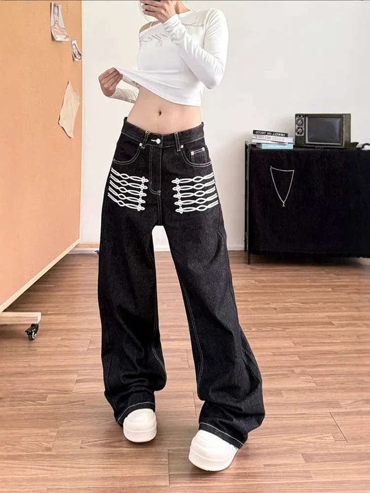 plus Size American High Street Embroidered Black Jeans Women's Loose Straight Leg Long Pants Autumn New Style Fashionable Wear