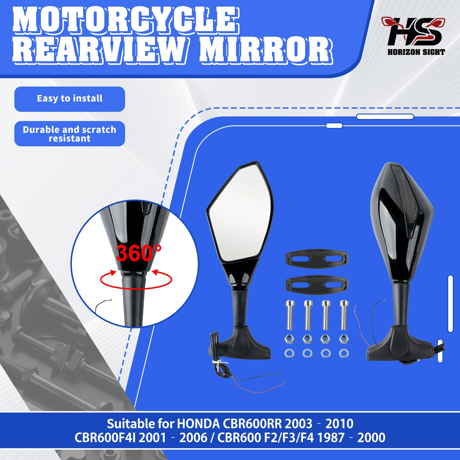 HS Motorcycle Rearview Mirrors With LED Turn Signal Light For Honda CBR600RR 2003–2010 CBR600F4i 2001–2006 CBR600 1987–2000