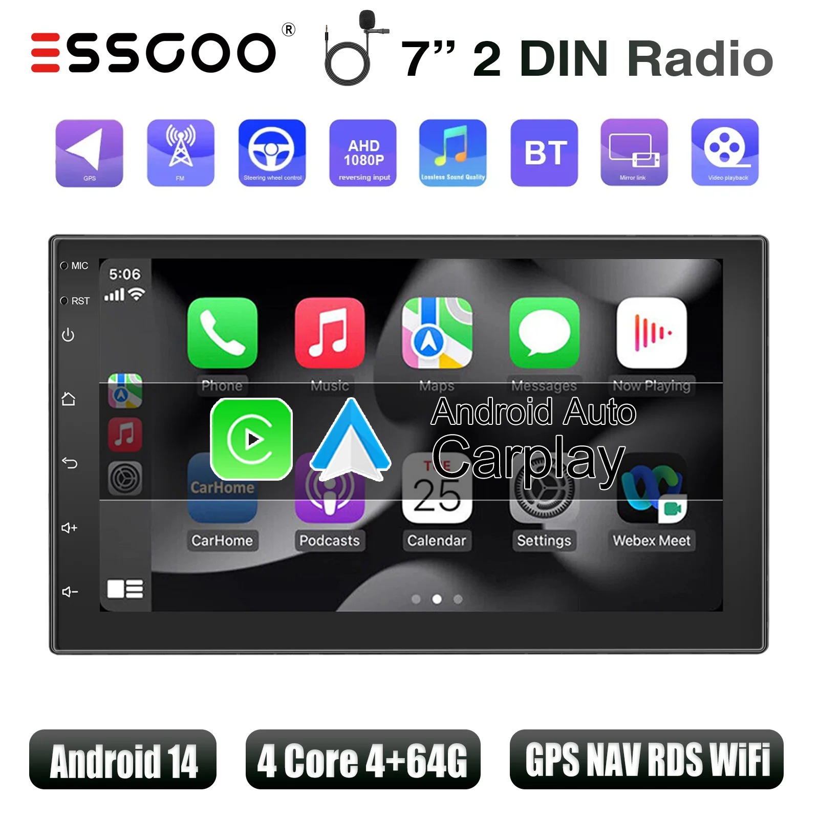 ESSGOO Autoradio Wireless CarPlay Android Auto Dubbel 2 DIN Android 13, 7-inch scherm, HD FM-radio, GPS RDS, WiFi, Bluetooth, touchscreen, hoofdunit 4+64G, DAB+AHD, camera.