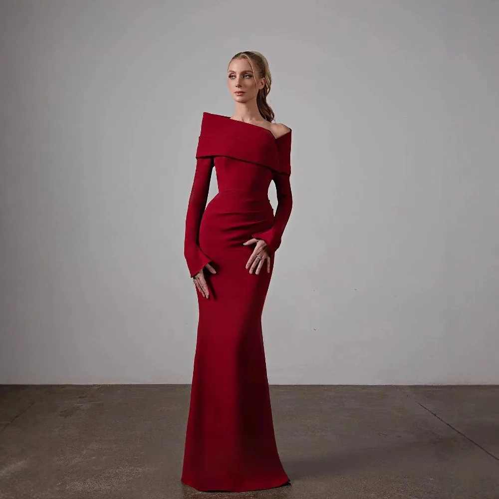 

Modern Dark Red Evening Formal Dress Off the Shoulder Satin Long Mermaid Prom Pageant Birthday Party Gowns Robe De Soiree