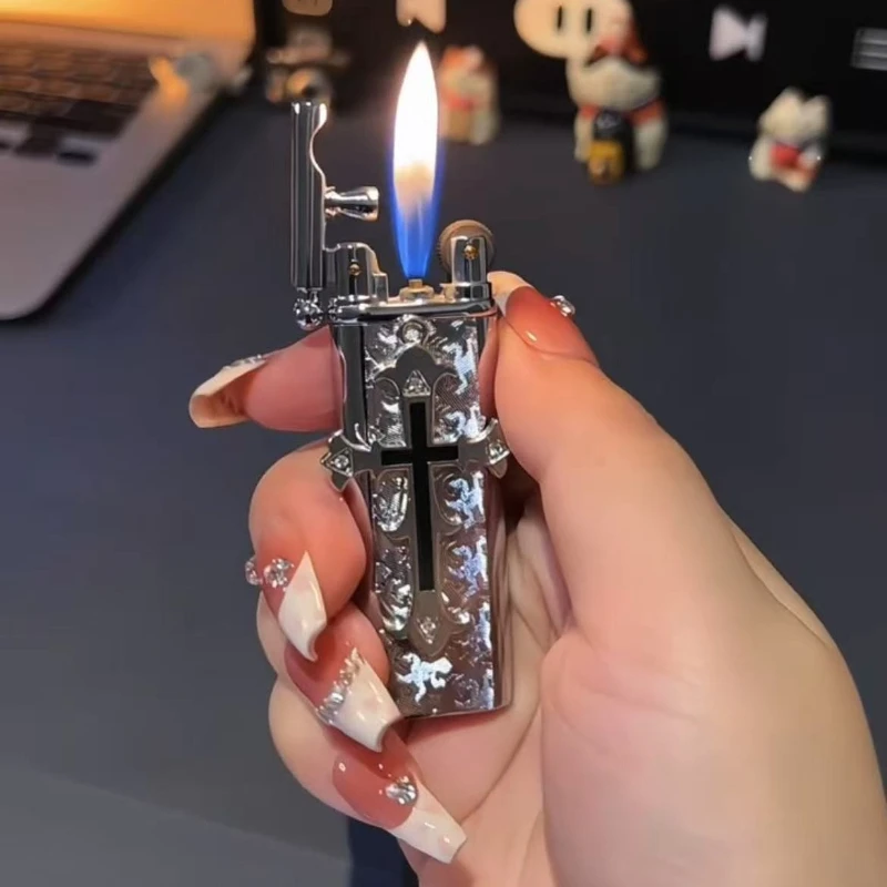 

High-end Handmade Retro Cross Inflatable Lighter Portable Metal Grinding Wheel Open Flame Lighter Fashionable Men's Smoking Gift