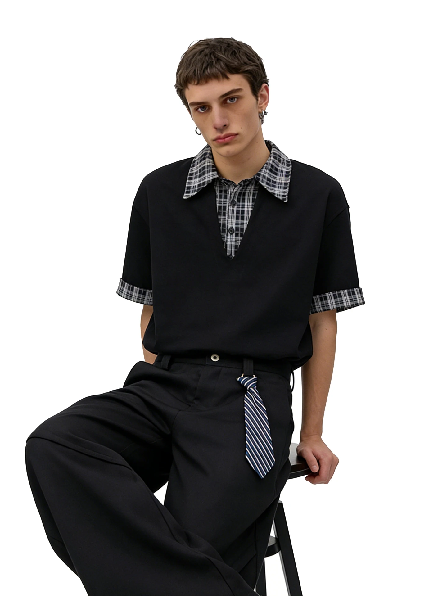 

BETEBULE American High Street Plaid Collar Short Sleeve T-Shirt Men Summer Handsome Loose Fake Two-Piece Top Breathable Comfo...
