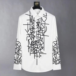 2024 Summer Letter Graffiti Printed Shirts Men High Quality Silk Casual Business Shirt Long Sleeve Social Banquet Party Blouse