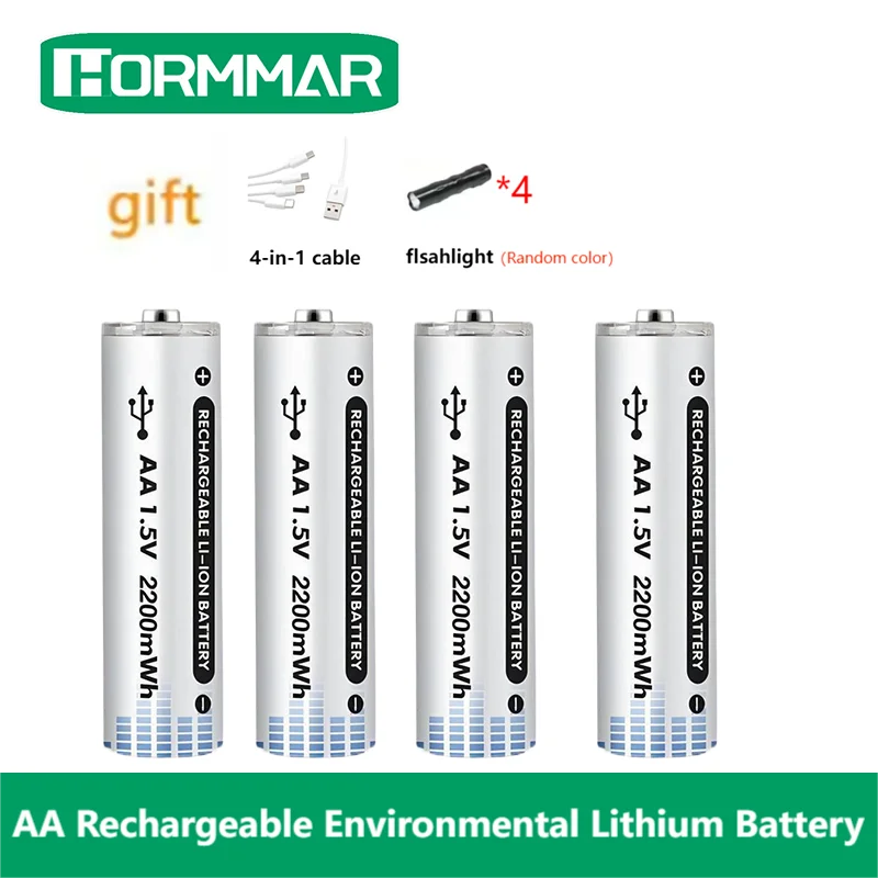 HORMMAR 1.5V USB 2200mWh Lithium Battery AA Rechargeable Batteries with 4-in-1 USB Cable for Smoke Detector Game Machine Camera