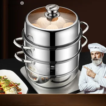 가정용 304 스테인리스 스틸 타이밍 두꺼운 대형 3 겹 찐만두 찜기 가스 스토브 