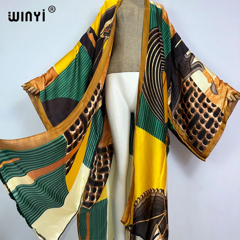 WINYI kimono Africa estate Retro stampa Bikini Cover-up elegante Cardigan moda sexy vacanza manica lunga sensazione di seta maxi vestito