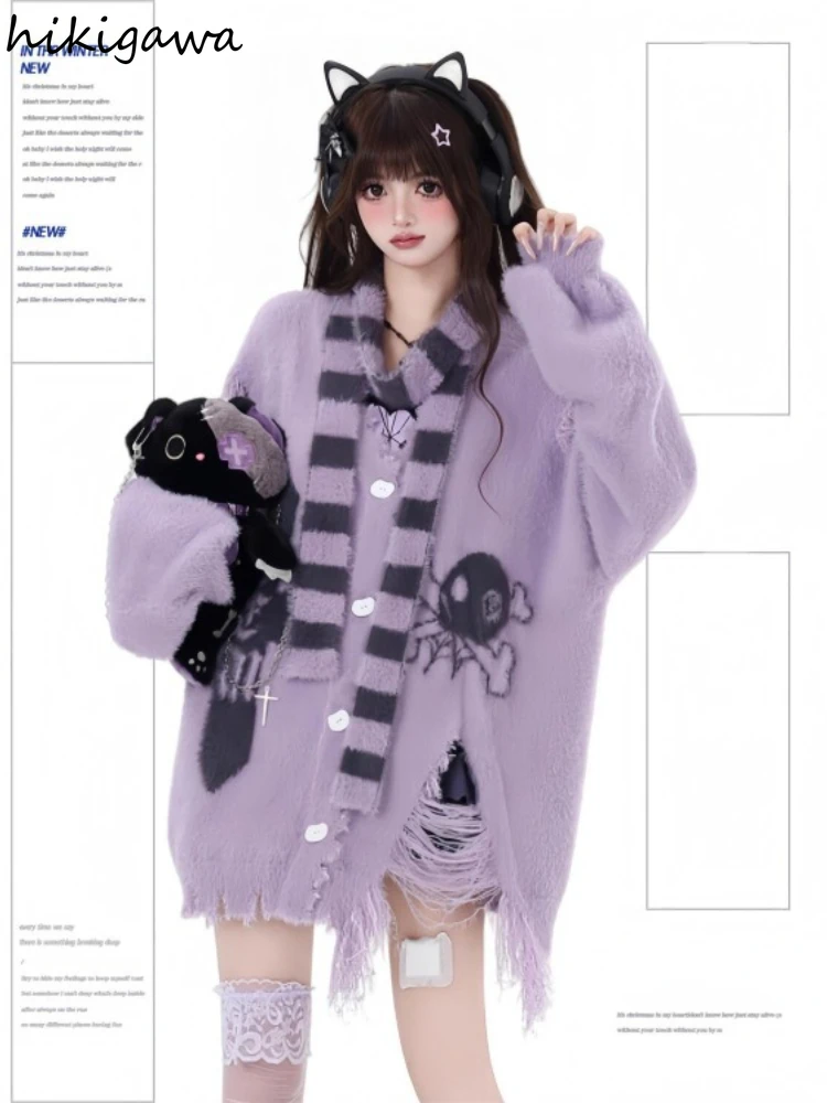 Oversized Sweater Coat Women Autumn Winter Clothing Harajuku Skull Sueter Mujer Furry Soft Knit Hole Cardigan Tops Pull Femme