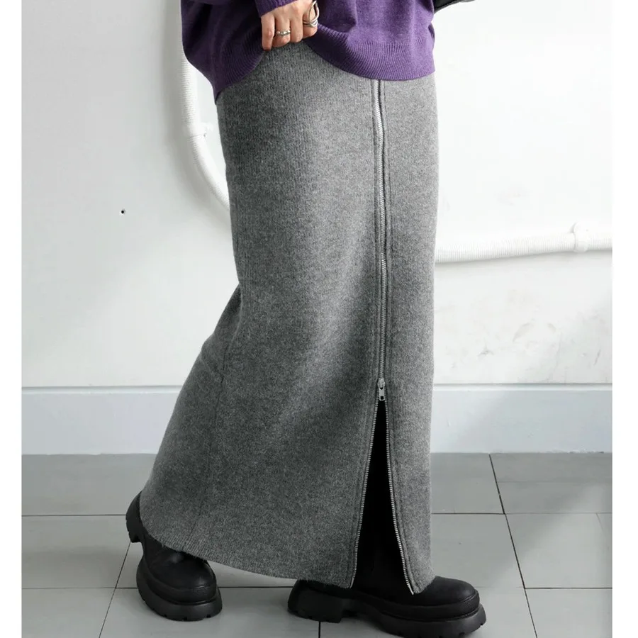 

Весенне-осенняя новая однотонная вязаная длинная юбка с двойной молнией, из нейлоновой ткани, тонкая, с обычным узором