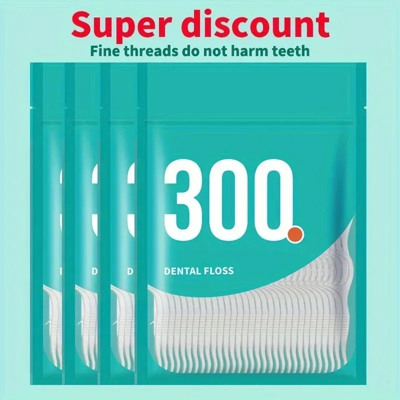 300Pcs Disposable Dental Floss Picks, High Polymer Smooth Fine Floss Sticks Teeth Cleaning Toothpicks Household Bag Pack