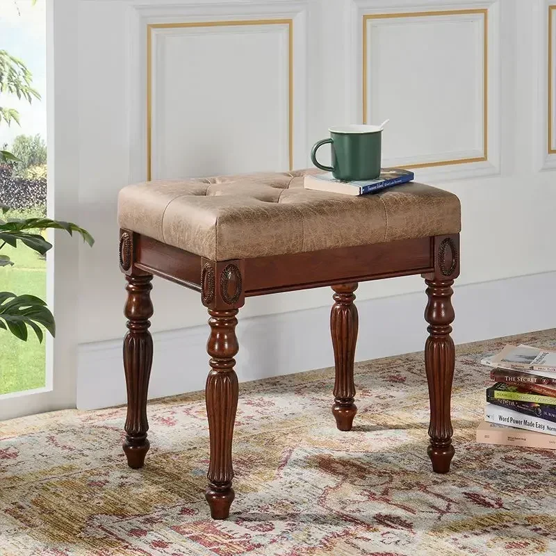 Vintage Solid Wood Vanity Stool Hand Carved Fluted Turned Leg Oval Relief Decor Antique Makeup Bench Bedroom Piano Foot Stool