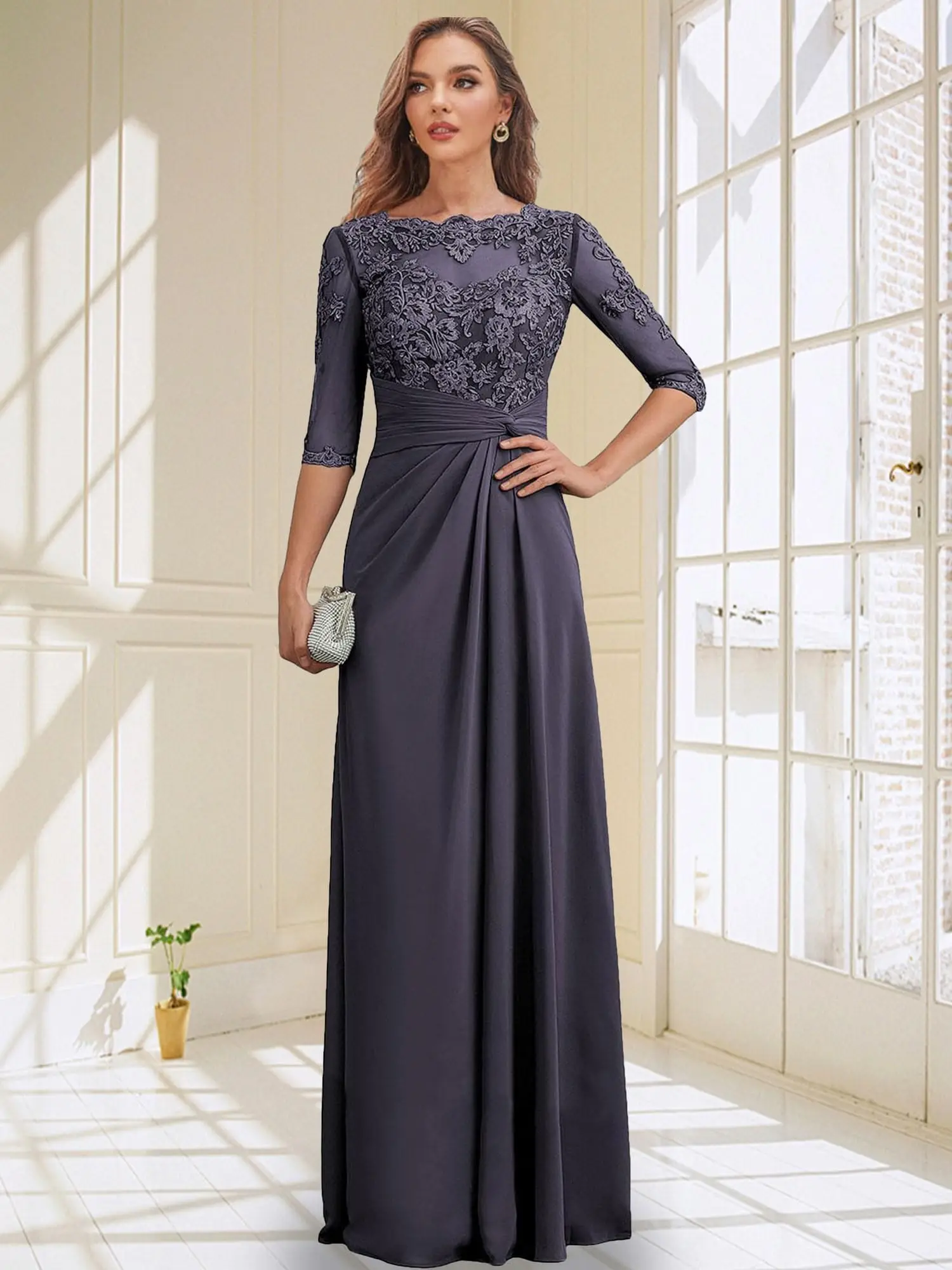 

Pleat Chiffon Long Mother Of The Bride Dresses 3/4 Sleeve Lace Applique Wedding Guest Dress For Women Corset Formal Evening Gown