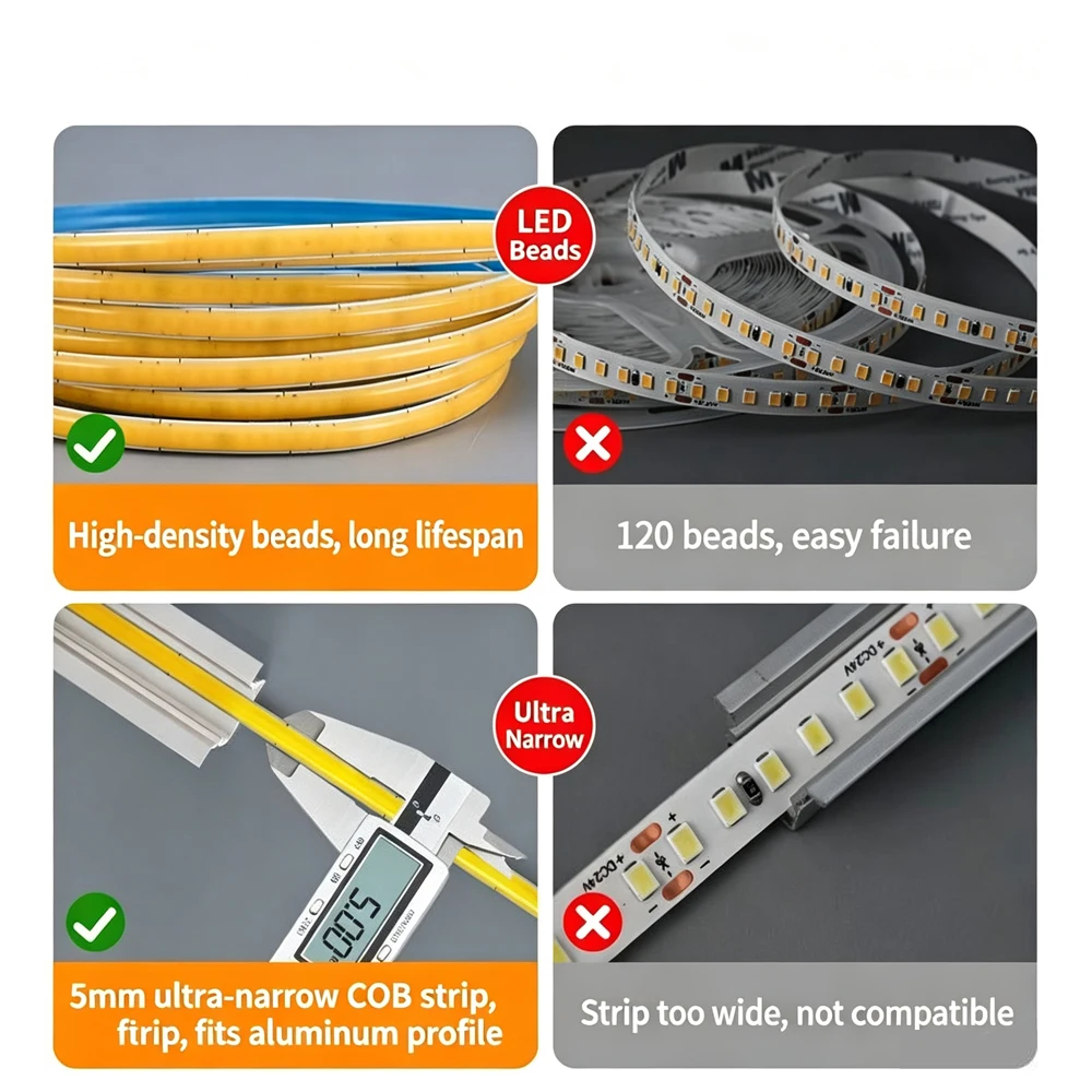DC 5V 12V 24V COB LED Strip Tape Light Ultra Thin 3mm 5mm 8mm Width Dimmable Linear Lighting High Density For Bedroom Decoration