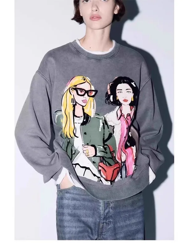 

Осень-зима, новый свитшот для девочек, универсальный дизайн с принтом, удобный свободный крой, длинный све, круглый, Ne Commute Sle