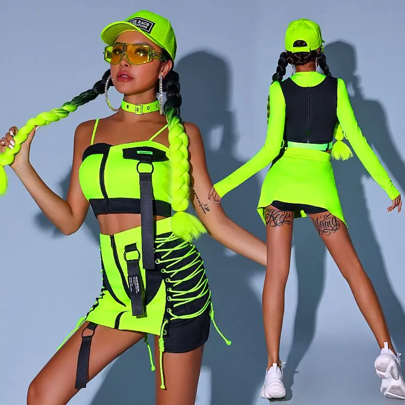 2024Fluorescent Green Jazz Performance Dress Women's Set Sexy Korean Dance Dress Hip Hop Street Dance Dress Women's Troupe Dance