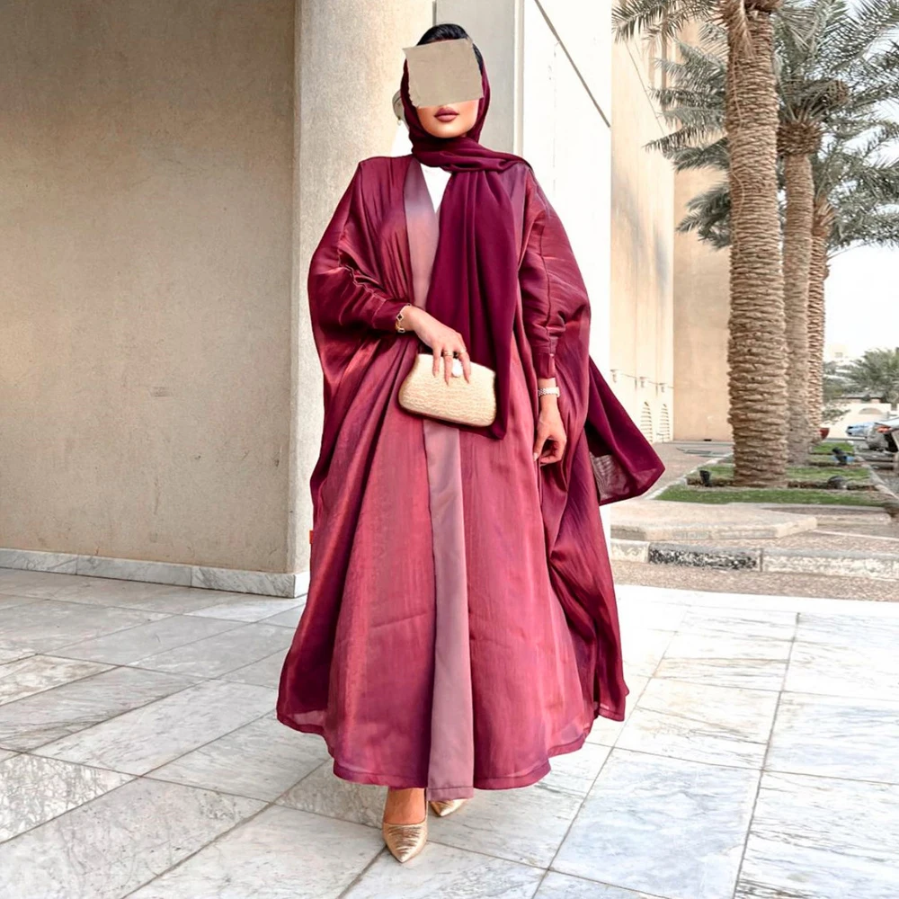 Arab Fashion Satin Shiny Fabric Solid Modest Open Kimono Saudi Women Abayas Muslim Dubai Batwing Sleeve Kaftan Ramadan