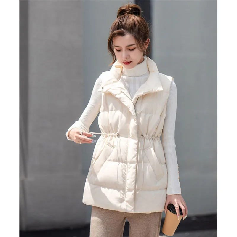 2025 New Parkas Women Vest Coats Thick Warm Sleeveless Turn Down Collar Drawstring Tight Waist Coat Single Breasted Autumn Winte