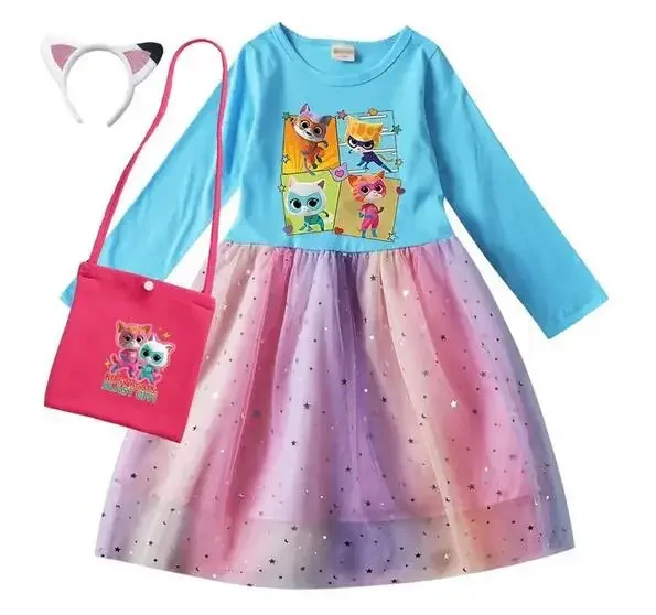 Vestido de princesa de manga larga con tutú de malla para niños, ropa de supergatitos de Anime para bebés y niñas, Vestidos de fiesta elegantes con gatos de dibujos animados, otoño 2024