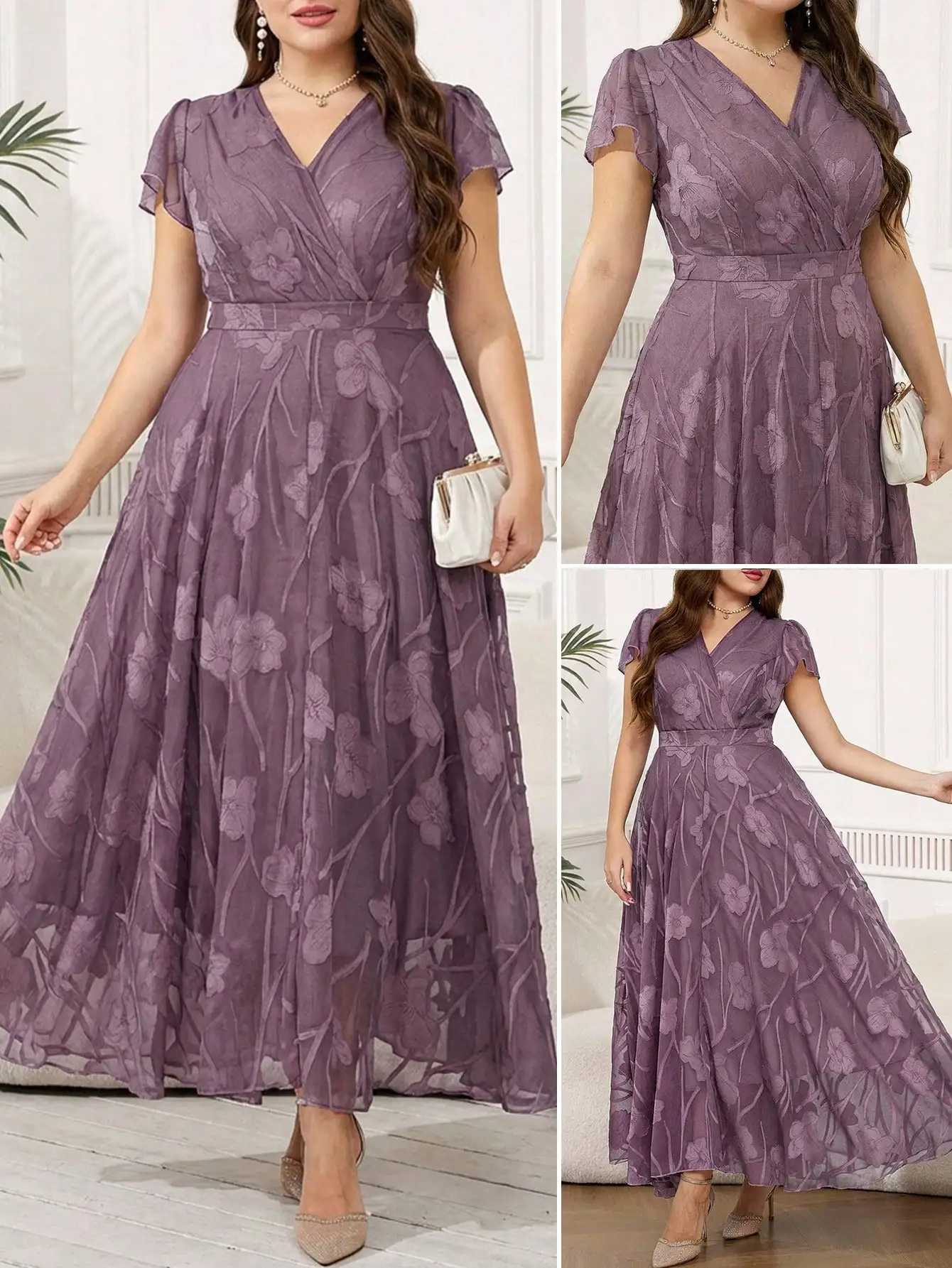 

Elegant Floral Print Wrap Dress For Women Plus Size V Neck A-Line Long Party Dress