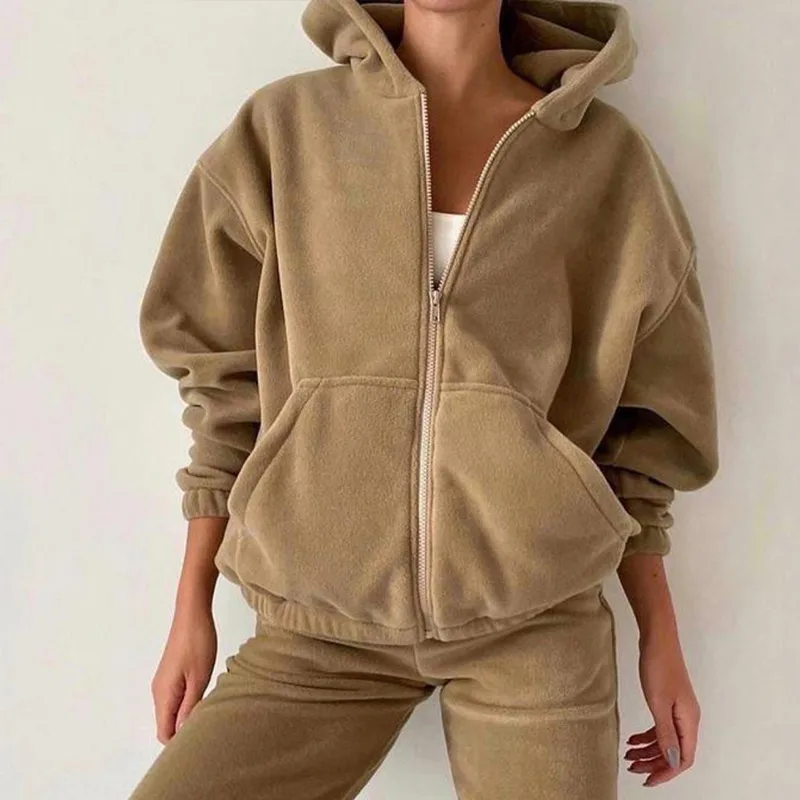 

Women Fleece Hoodies Two Piece Sets Zipper Outerwear Sweatshirts And Harem Pant Suit Autumn Winter Fashion Streetwear Tracksuit