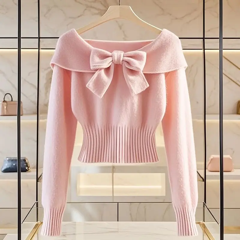 2024 Autumn Winter Pink Pullover Knitted Sweater Top For Women Fashion Long Sleeve Bow Thread Cinched Waist Slim Sweater Women