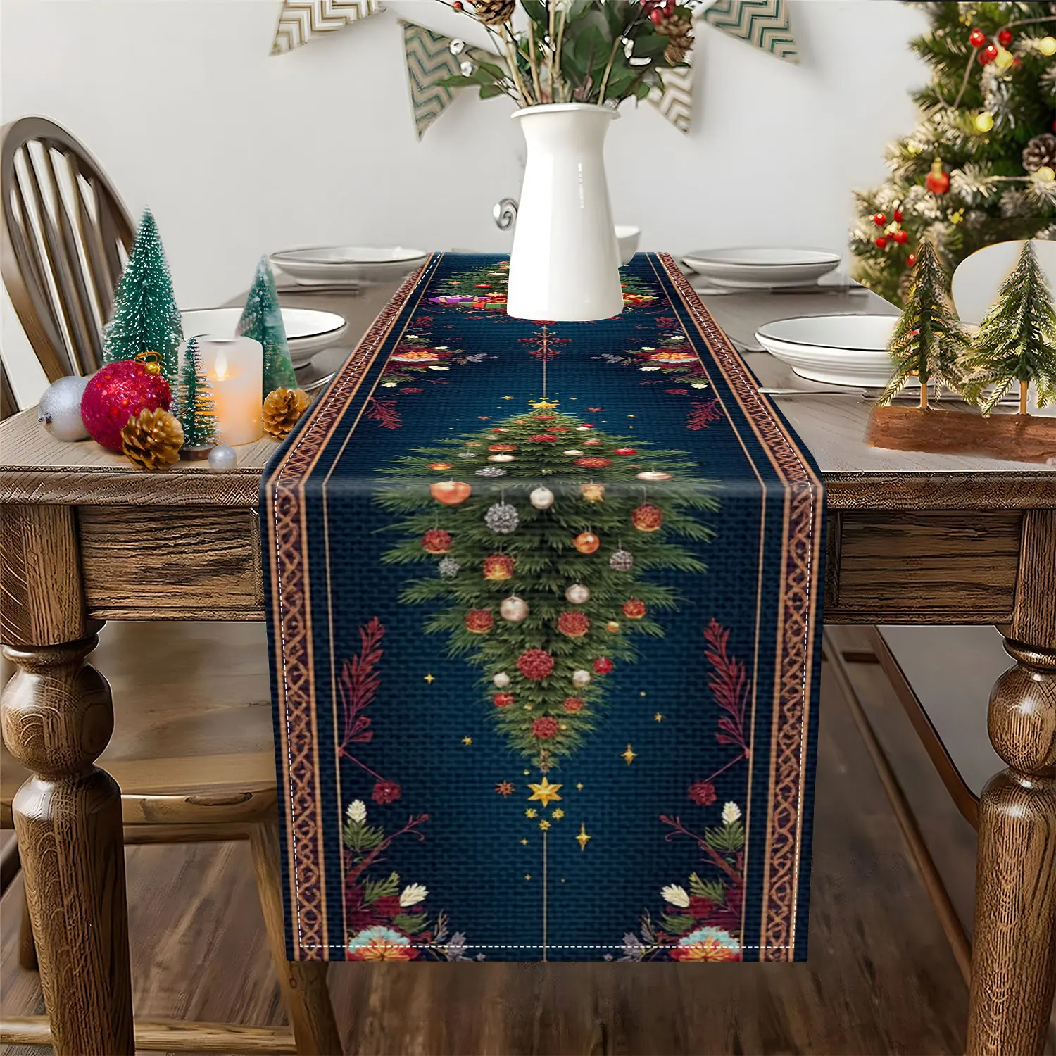 1 Piece of Christmas-Themed Table Runner, Decorated with Christmas Trees and Gift Patterns, Suitable for Christmas Dinners, Holiday Decorations, and Other Occasions