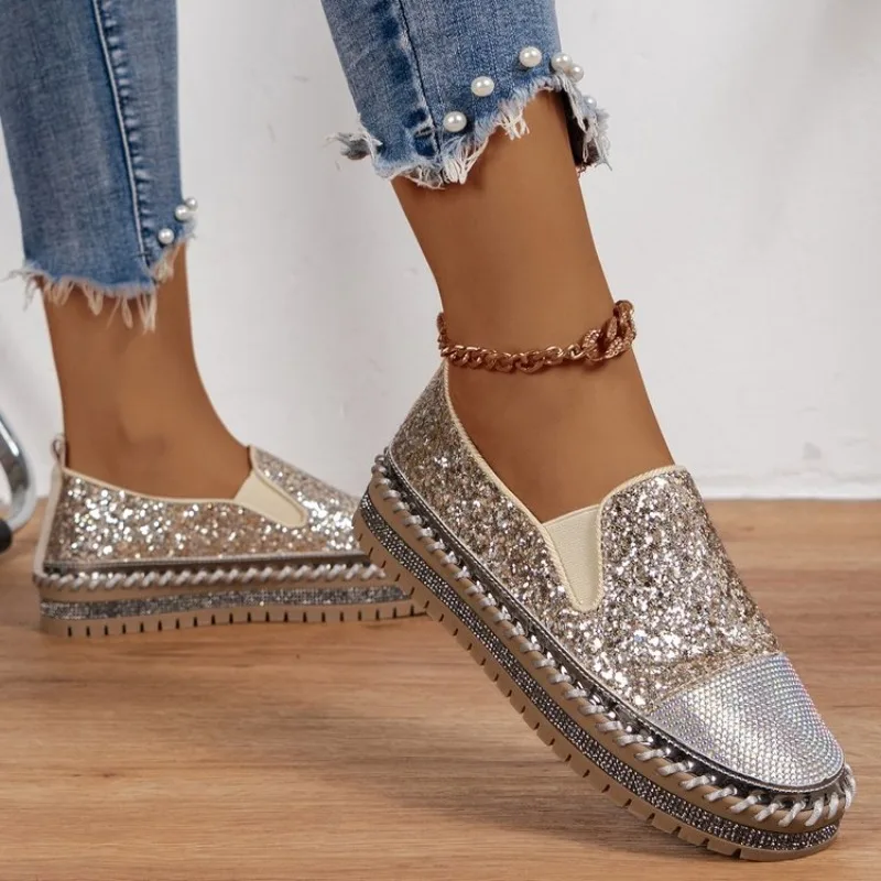 Women Sneakers 2024 New Women Flat Sequined Sneakers Casual Women Mesh Lace-up Fine Diamond Sequins Platform Vulcanized Shoes