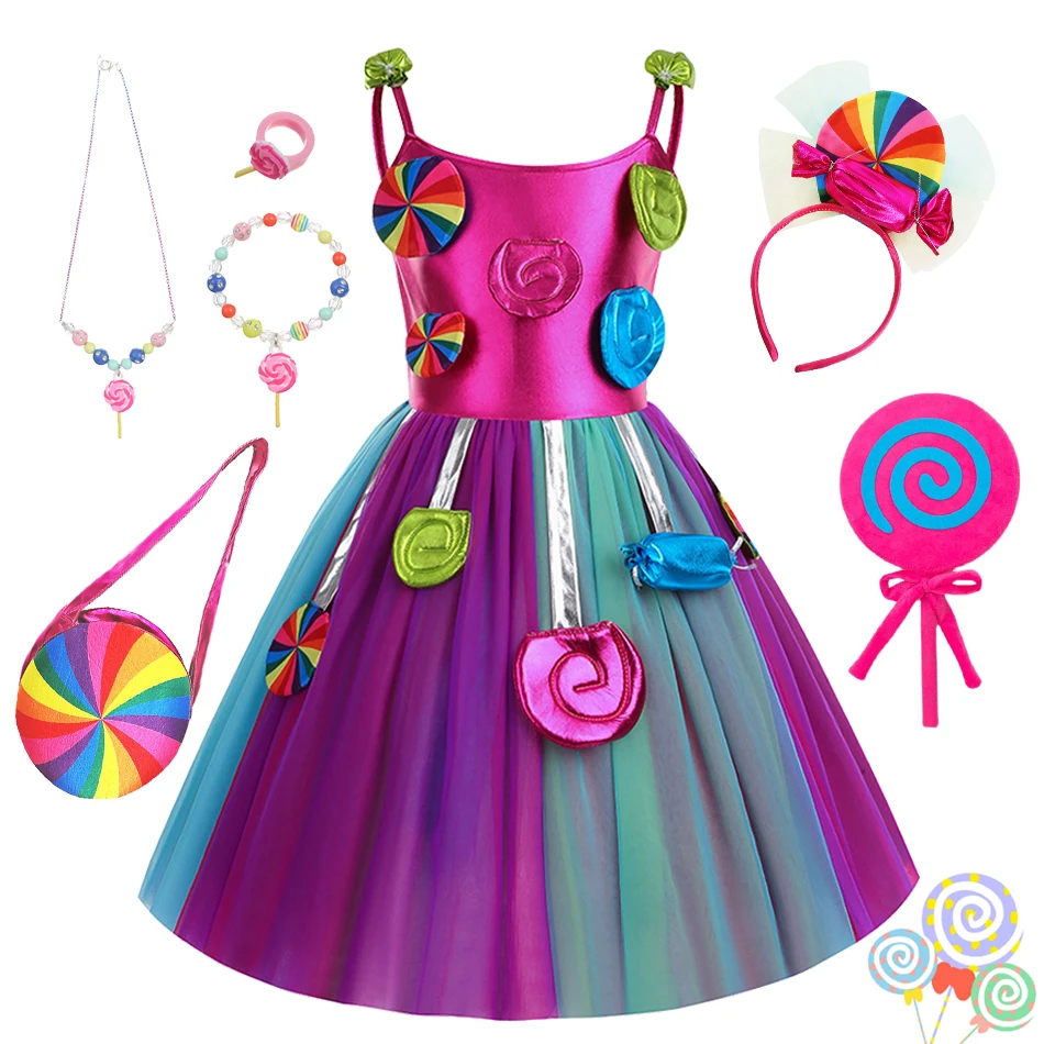 Purim Festival Lollipop Sweet Candy Fairy Dress Children Rainbow Fancy Birthday Carnival Party Costume Girls Cosplay Vestidos