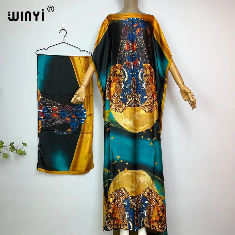 WINYI Africa 2023 abito lungo allentato con cintura donna moda stampa caftano Casual elegante vacanza estate abito da festa bohémien in seta