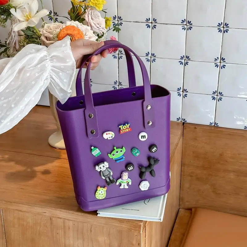 PVC DIY Hole Handbag Waterproof Women Top Handle Bag Durable Travel Bag Cartoon Punched Handbag for Vacation Boat Pool