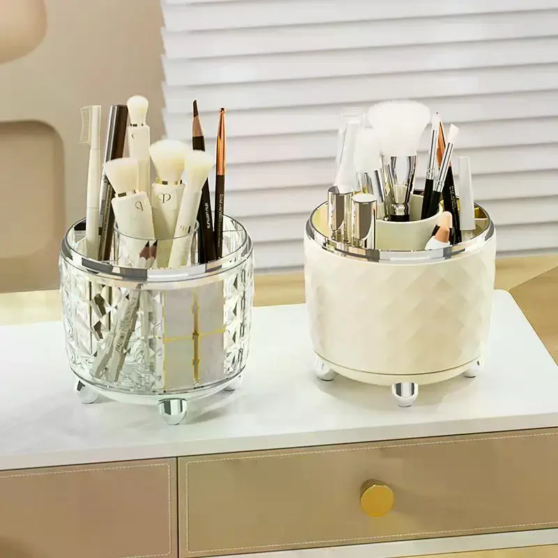 1 Pc 360 Degree Rotating Makeup Brush Holder Large Capacity Diamond Pattern for Vanity Desk Bathroom Cosmetics Storage Organizer
