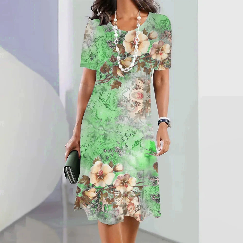 Flower Pattern Fashion Elegant Women Mini Dresses Short Sleeve 3D Floral Printed Street Ladies Dress 3XL Plus Size Casual Dress