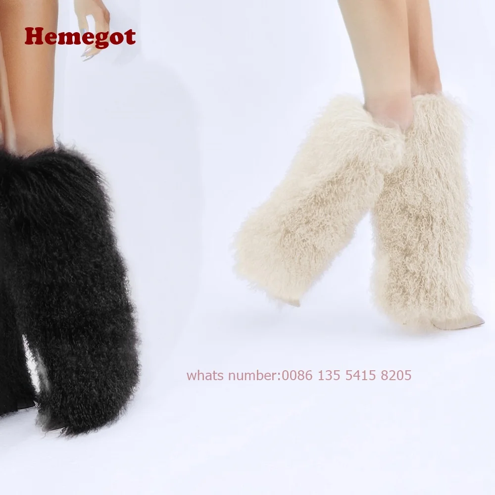 Black Mongolian Fur Stiletto Boots Thin High Heels Plush Fluffy Women's Boots Casual Pointy Toe Solid Elegant Runway Shoes Sexy