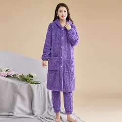 Oversize Winter Thickened Flannel Women Pajamas Set Warm Hoode Coral Fleece Sleepwear Pijamas Suit Loose Home Clothes LoungeWear