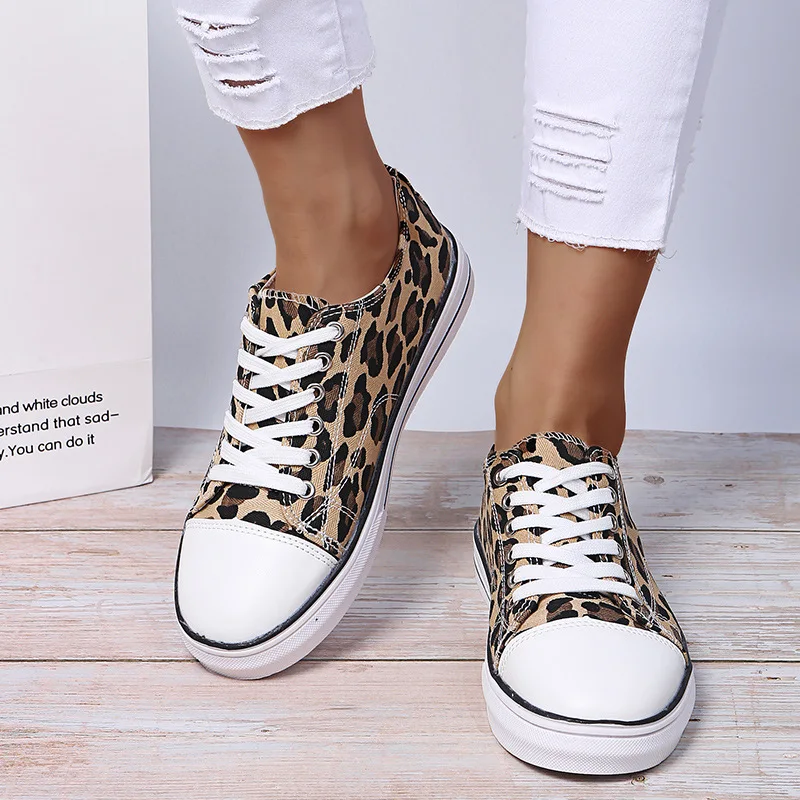 Shoes for Women  Autumn Fashion Leopard Canvas Shoes Lace Up Flats Women Platform Size 43 Casual Shoes Zapatillas De Mujer