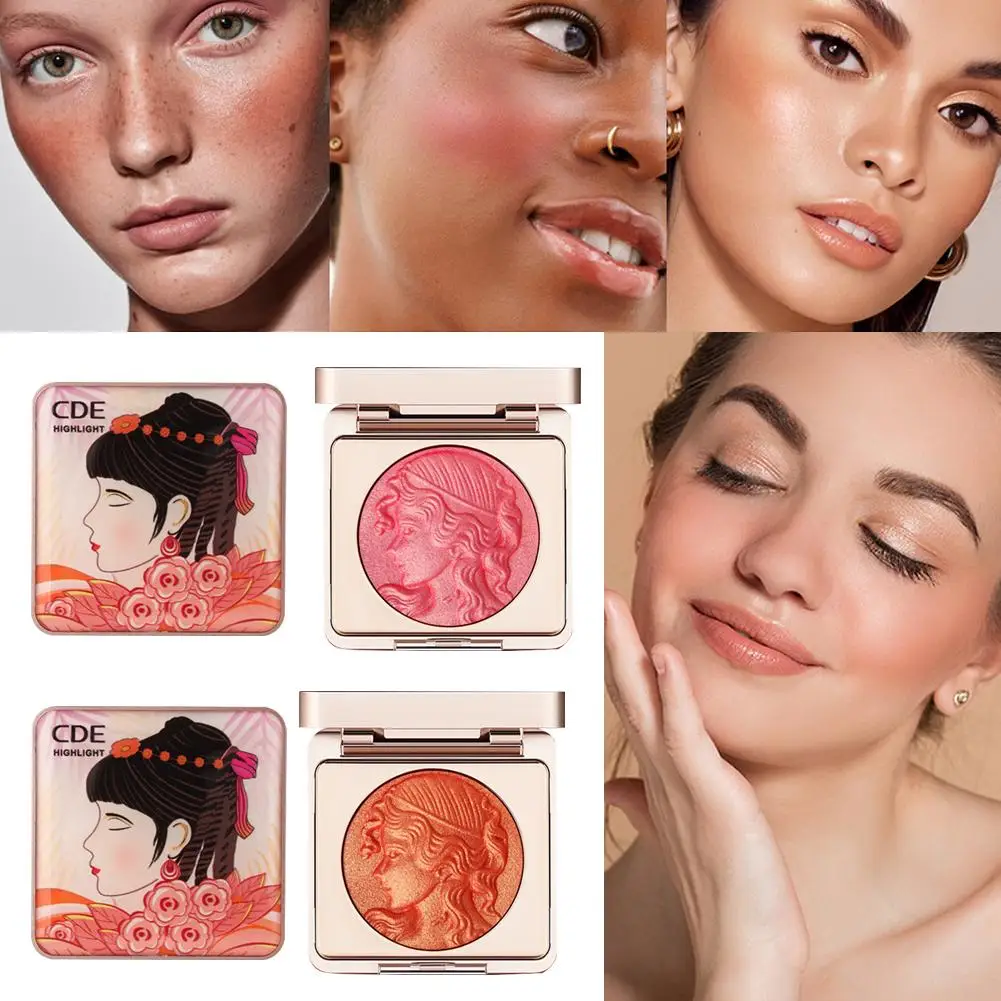 Blush em pó monocromático de pétala rosa, placa mineral alta, blush facial com brilho vermelho, tudo em um pequeno, gelo V5X7, novo relevo
