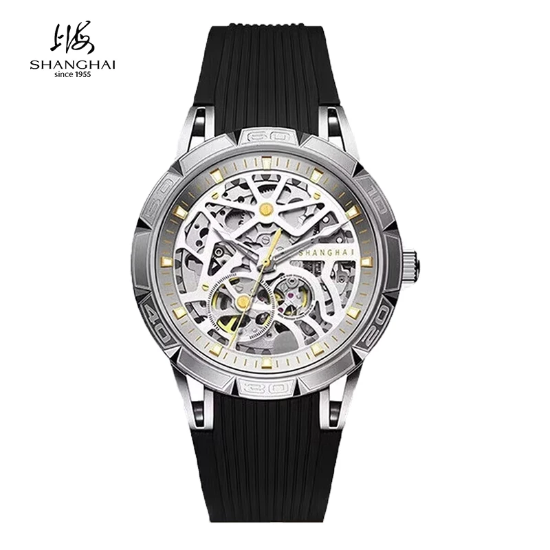 

Shanghai Watch Men's 41mm Double-Sided Skeleton Automatic Watches 100M Waterproof Luminous Mechanical Watches Silicone Strap 951