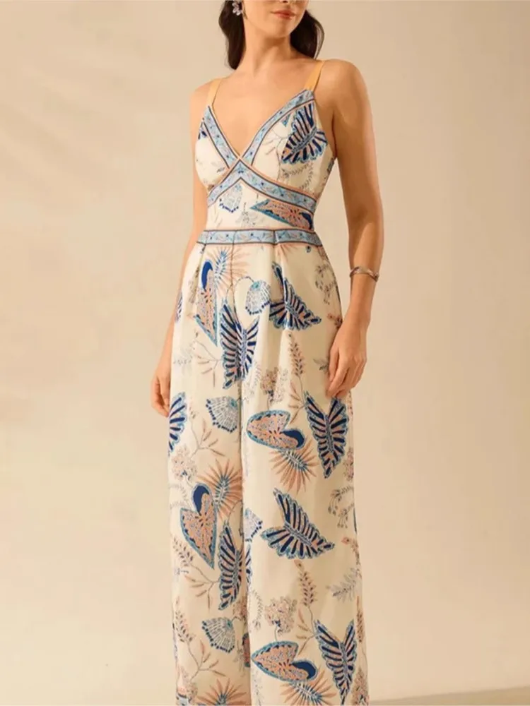 Tuta da vacanza a gamba larga con bretelle casual stampata stile bohémien Tuta estiva da donna elegante senza maniche per pendolarismo