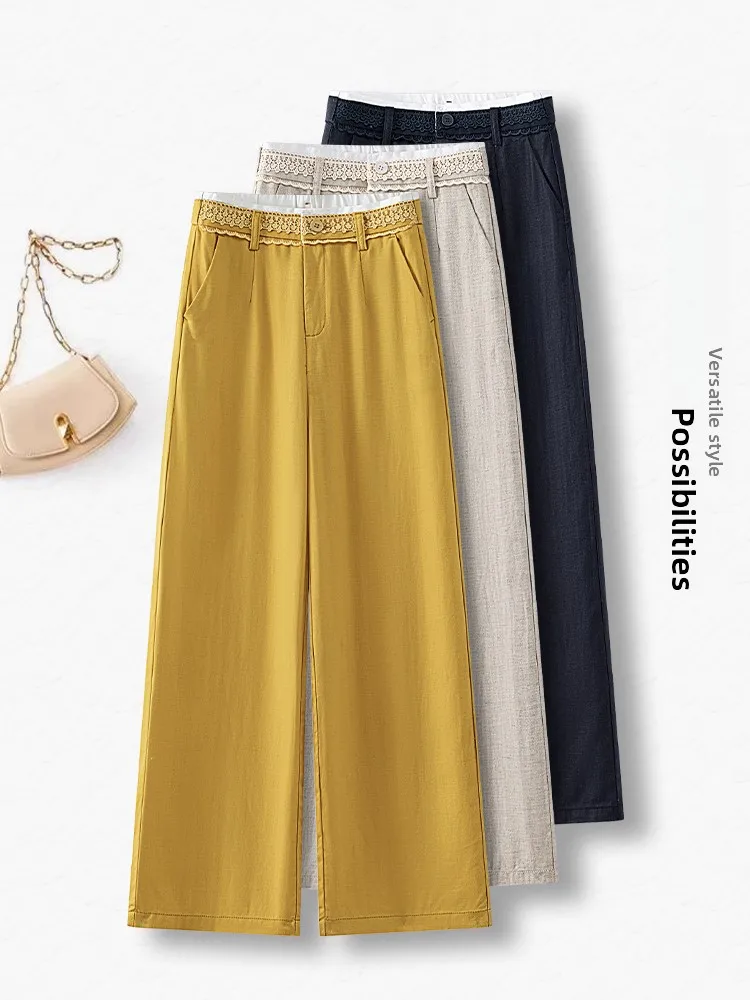 

Летние тонкие брюки с высокой талией, драпированные, повседневные, с защитой от солнца, широкие штанины, женские, из ледяного шелка, прямые, льняные, свободного кроя