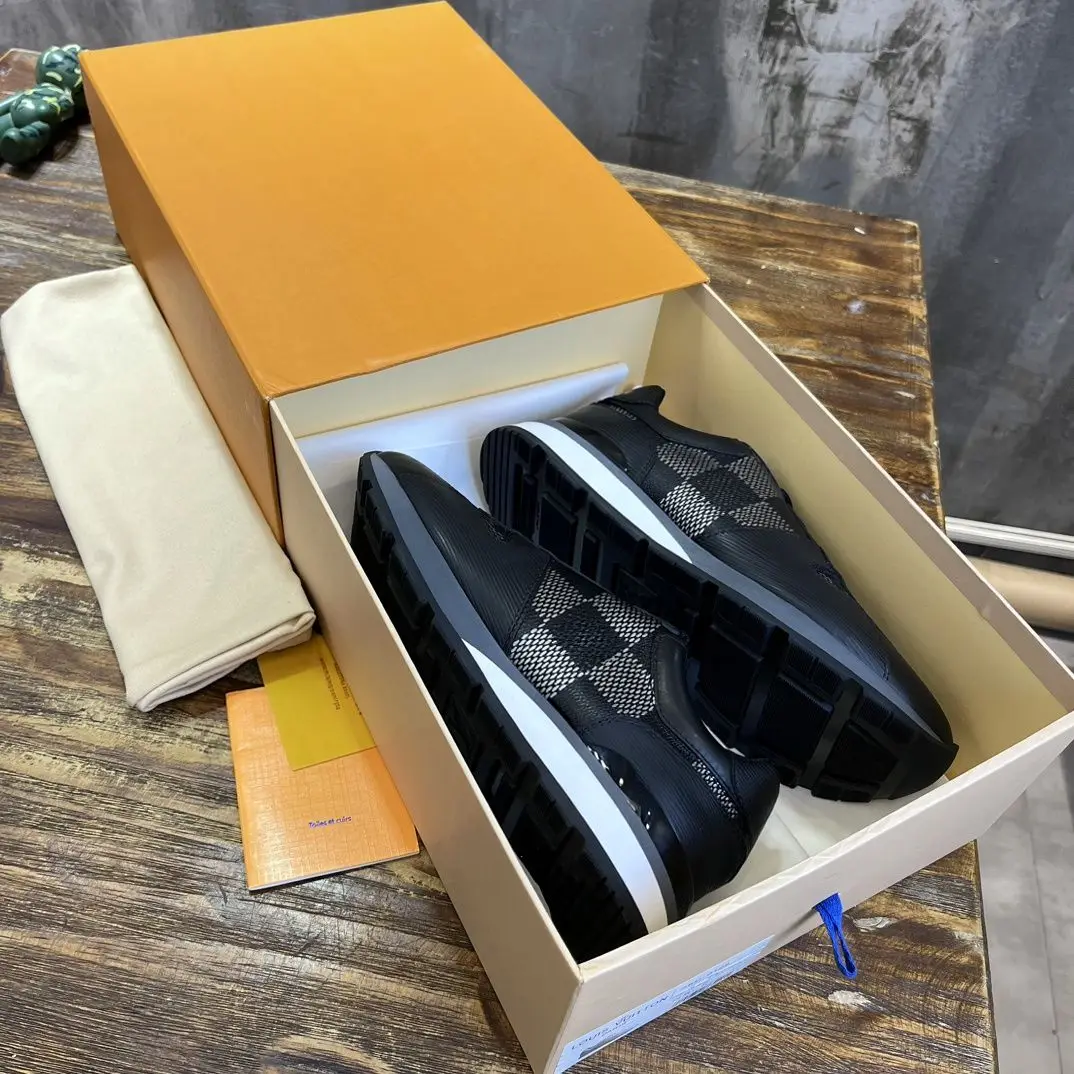 Unisex Minimalist Lace-up Sneakers Black Check Mesh Leather Splicing Non-slip Rubber Outsole Daily Shoes