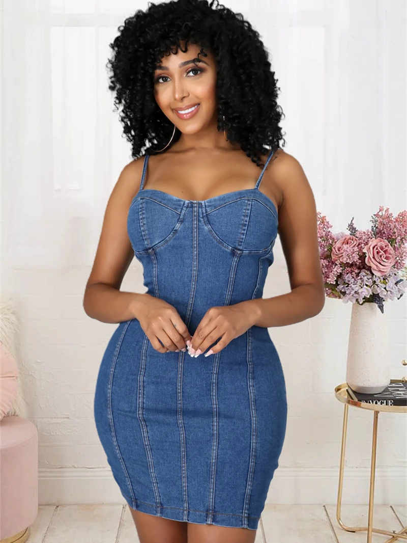 

Streetwear Spaghetti Strap Jean Dress Women Summer Y2K Clothing Sleeveless Bodycon Mini Dresses Party Club Denim Dress Vestidos