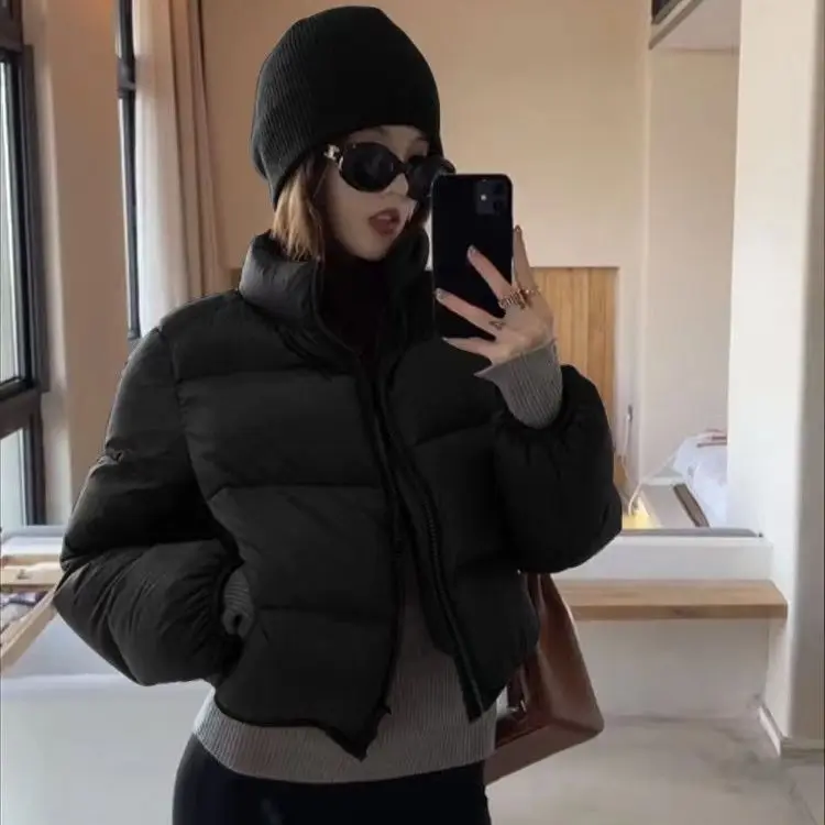 المرأة قصيرة أسفل معطف القطن شتاء جديد الوقوف طوق سترة منتفخة سترة سميكة معطف دافئ أسود سيدة مبطنة بالقطن أبلى