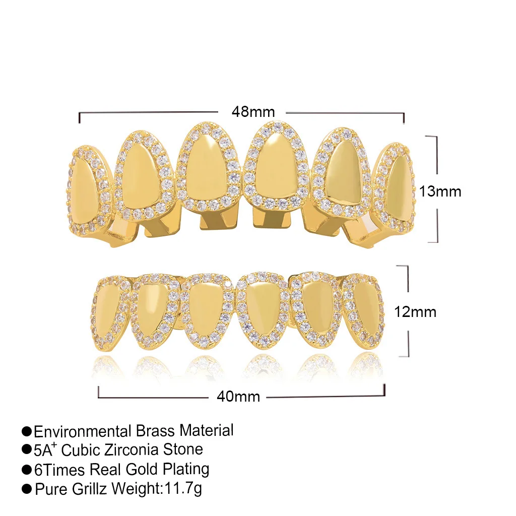 1 Set Hip Hop Iced Out Teeth Grillz Gold Plated Dental Grills Rock Tooth Grillz Caps Crystal Teeth Halloween Vampire Tooth