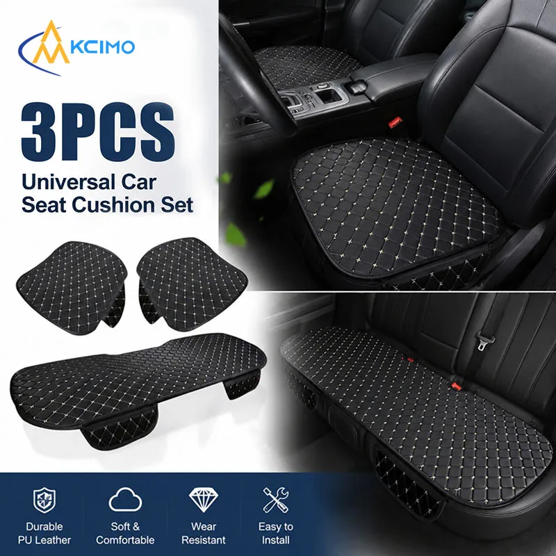 3pcs Universal Car Seat Cushion Set PU Leather Breathable Anti Slip Seat Cover Pad for Front Rear Seats