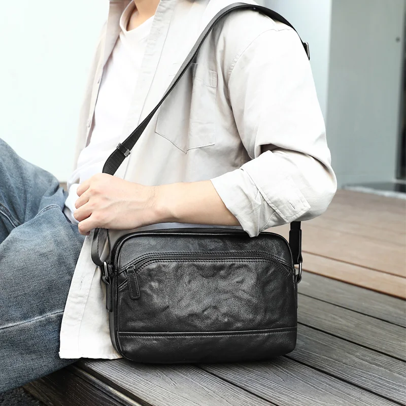 Genuine Leather Men's Shoulder Bag High Quality Cowhide Small Cross Body Bag Vegetable Tanned Leather Shoulder Crossbody Bag