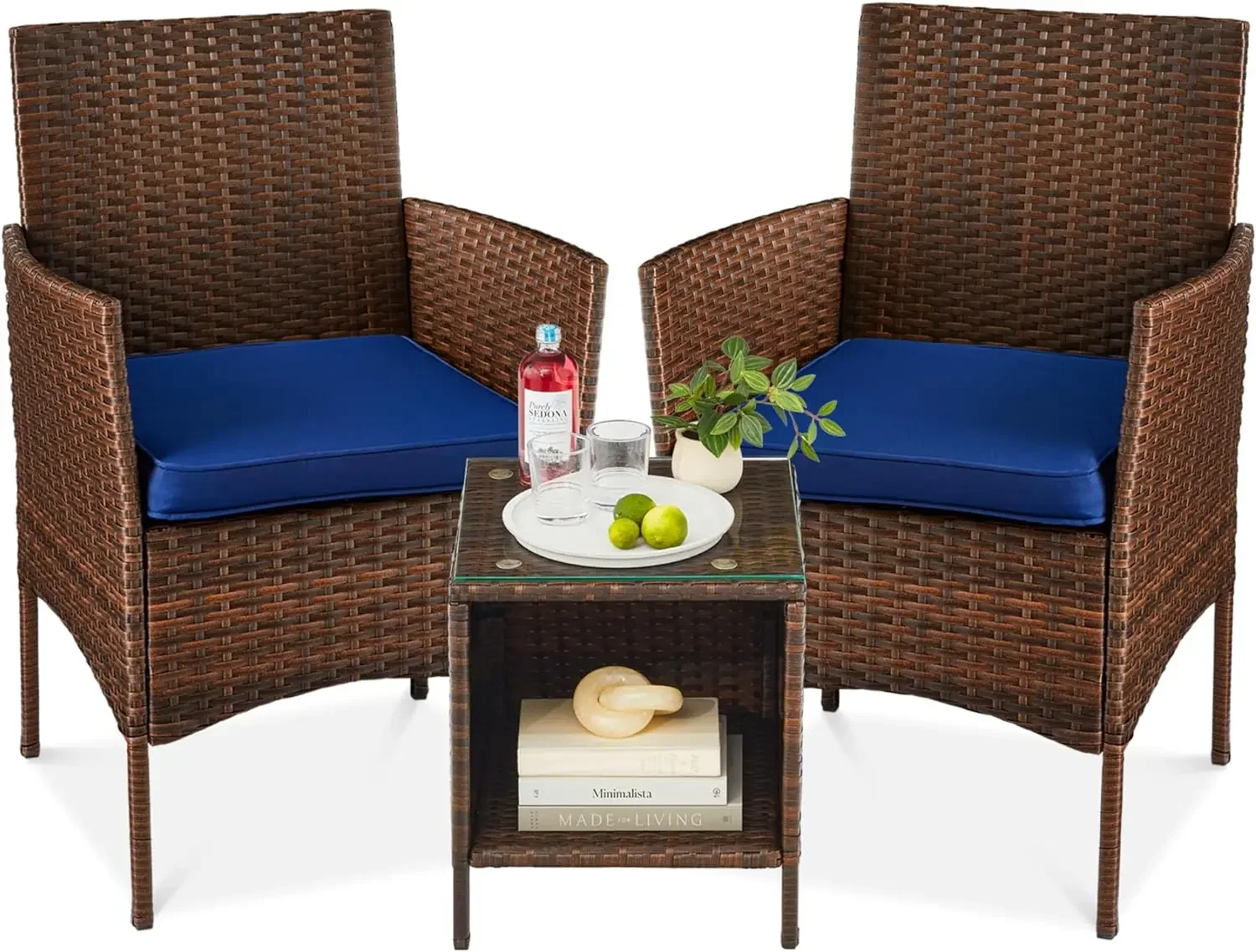 3-Piece Outdoor Wicker Conversation Bistro Set, Space Saving Patio Furniture for Garden w/Side Table