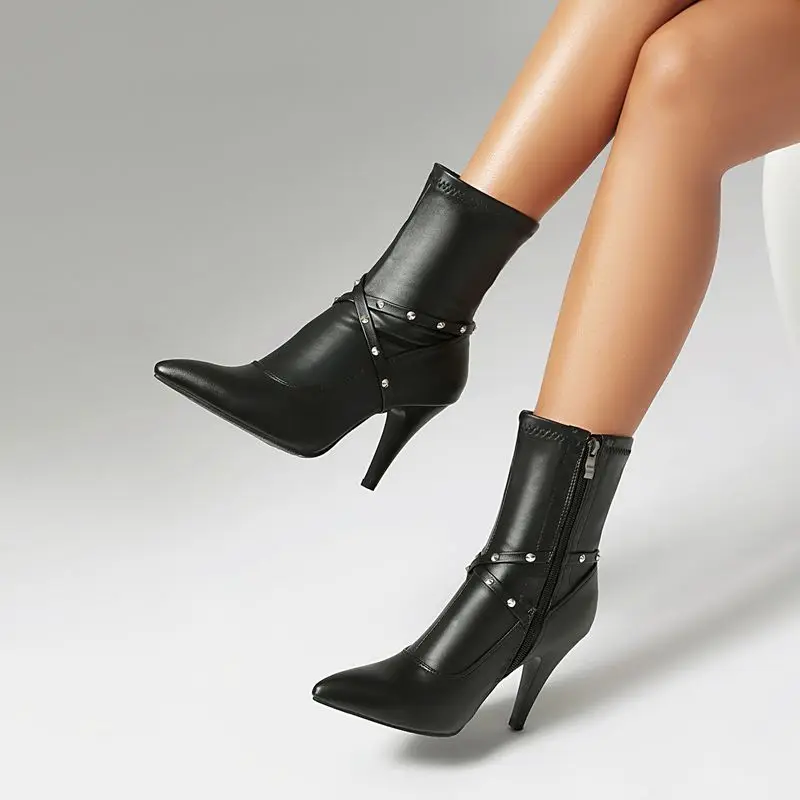 ORCHA LISA 2025 nuevas botas de media pantorrilla para mujer punta puntiaguda 8,5 cm tacón fino cremallera brillo negro verde rojo talla grande 47-48 US17