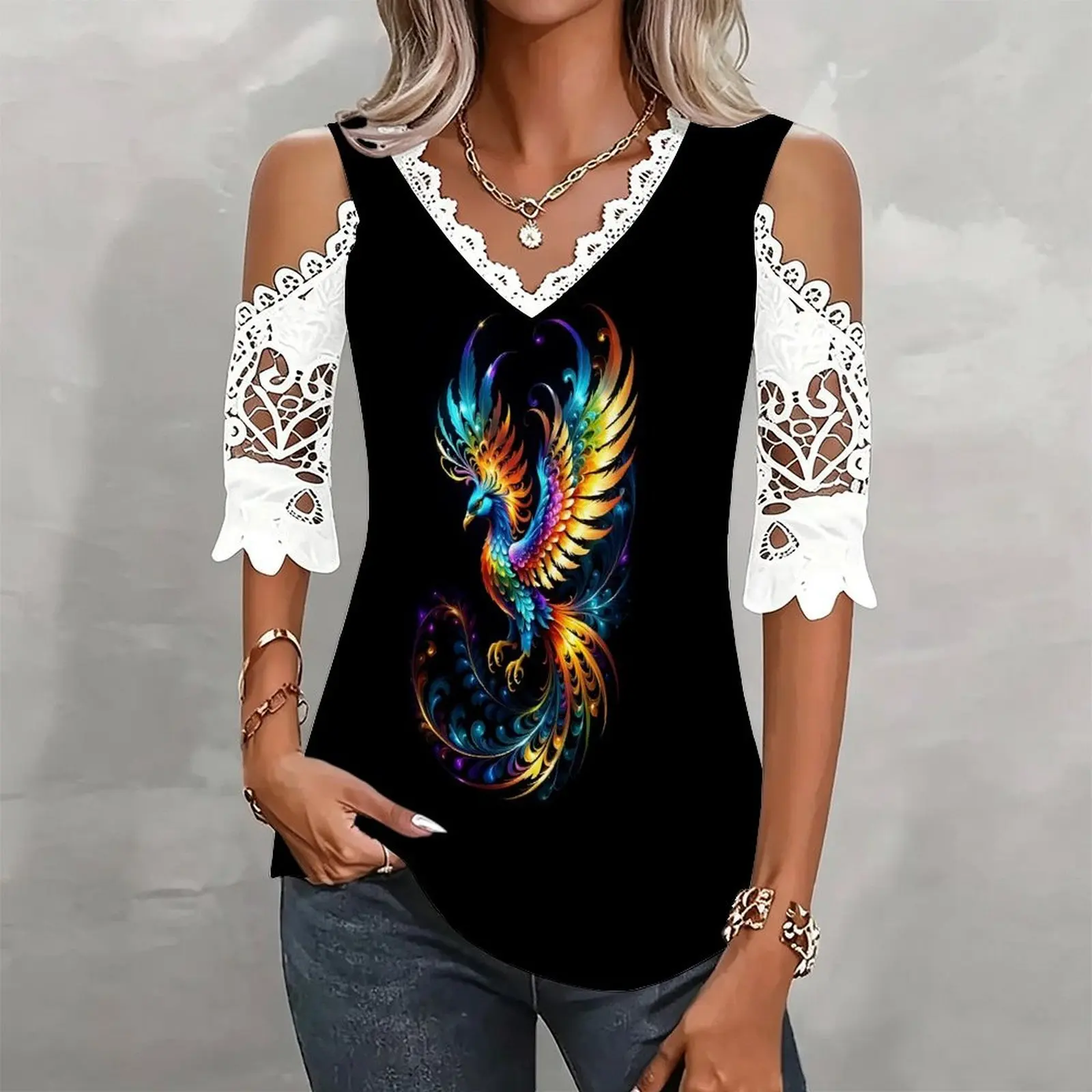 Fashion Casual Ladies V‑neck Cold Shoulder 3/4 Sleeve T‑shirt Spring Retro Slim Style Beach Vacation Everyday Top