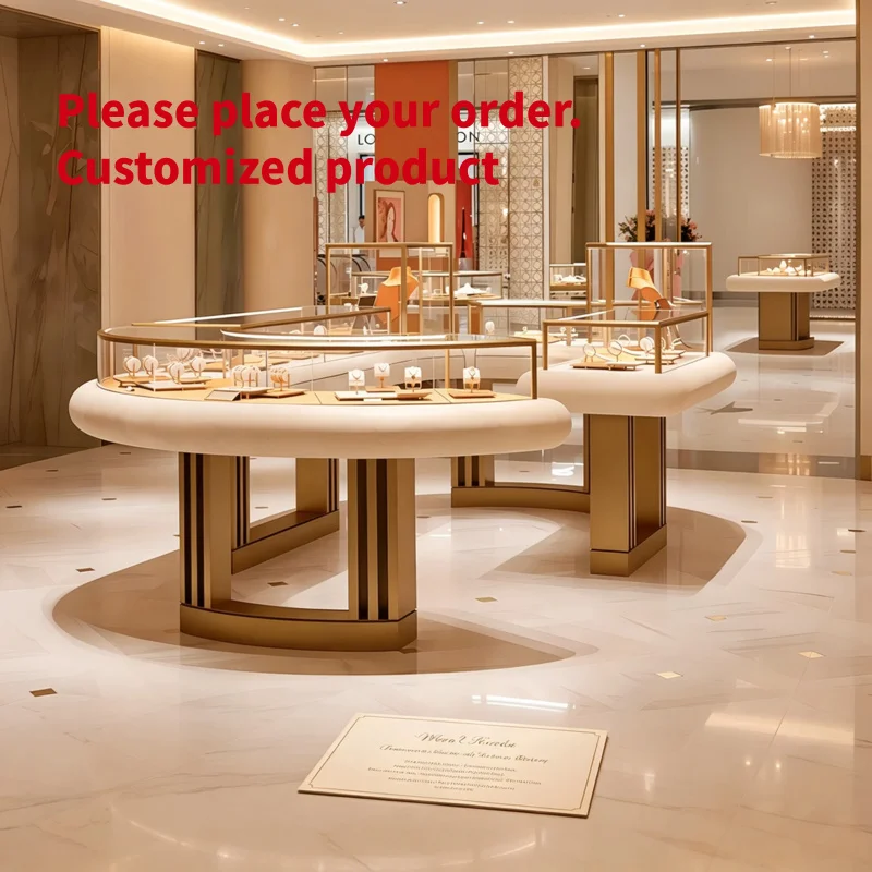 custom.Luxury Round Jewelry Display Showcase Gold Metal Frame Glass Top Jewellery Island Counter With Display Trays Custom Bouti