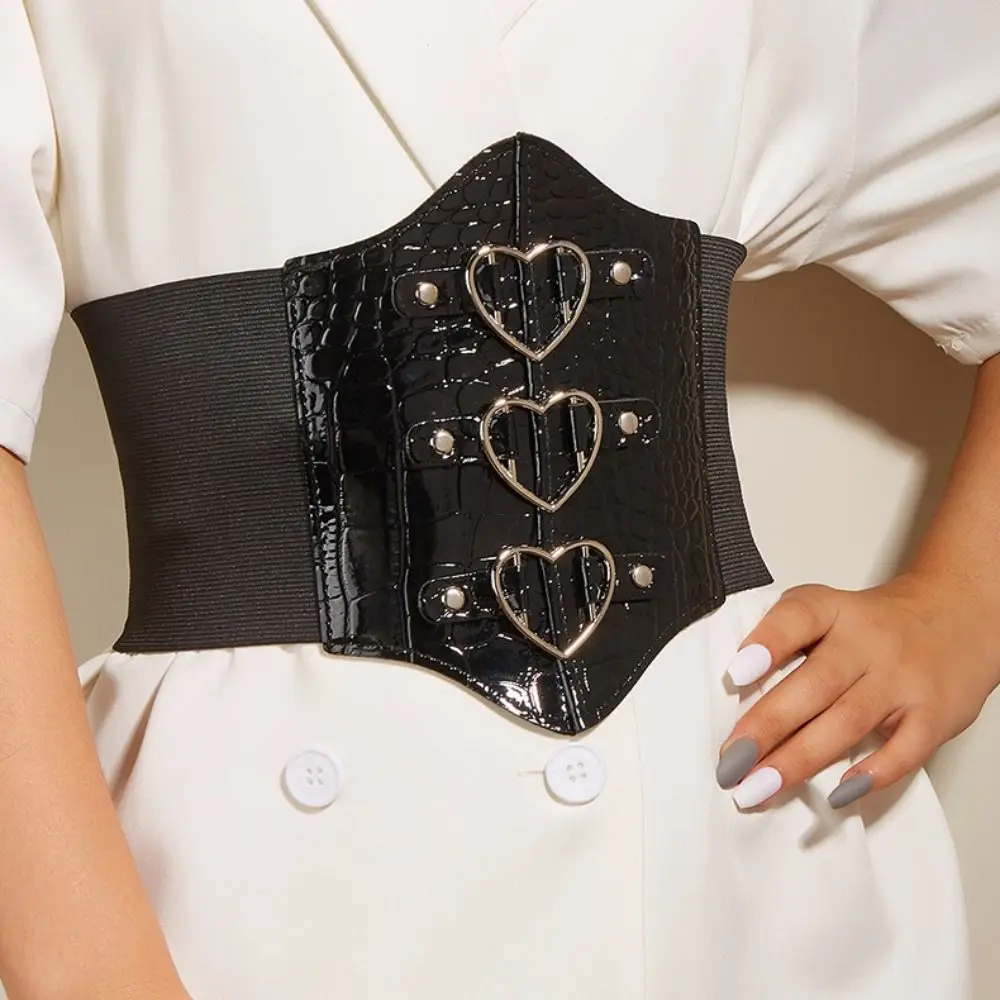 Personality PU Leather Love Buckle Cummerbunds High Waist Dress Girdle Female Waistband Elastic Wide Waist Belt Women